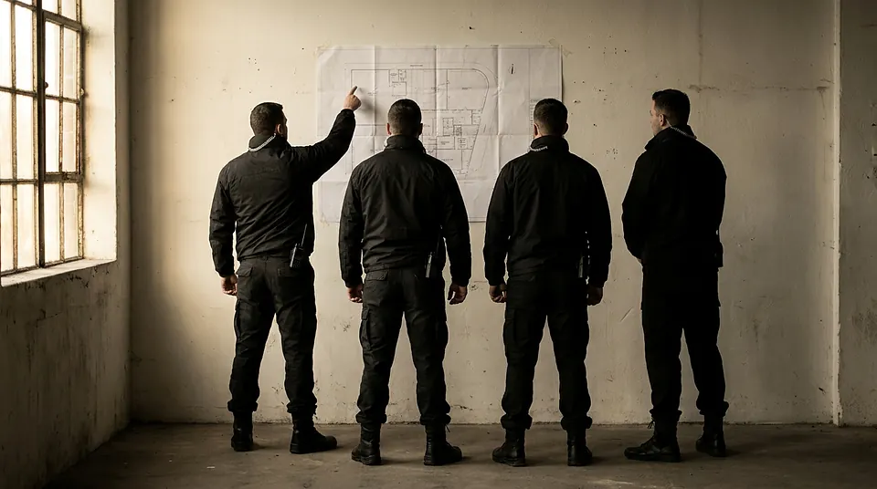 Équipe d'agents de sécurité de dos étudiant le plan du site avant la prise de poste