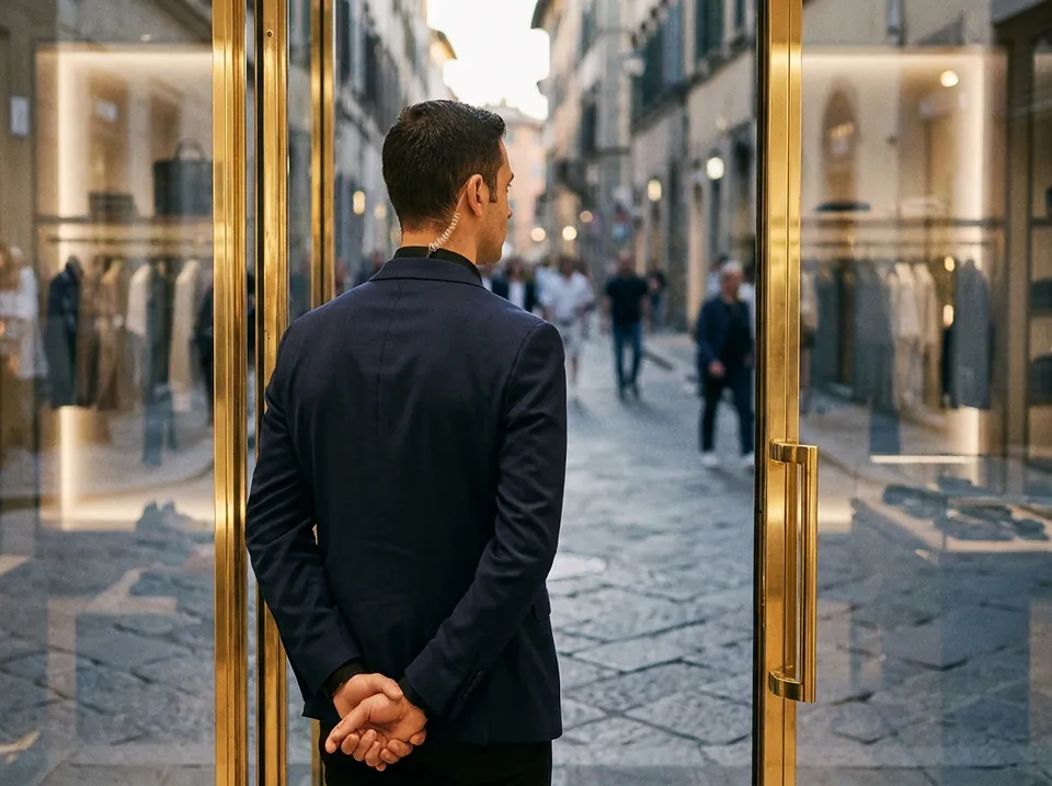 Agent de sécurité en veste sombre posté à la sortie d'une boutique