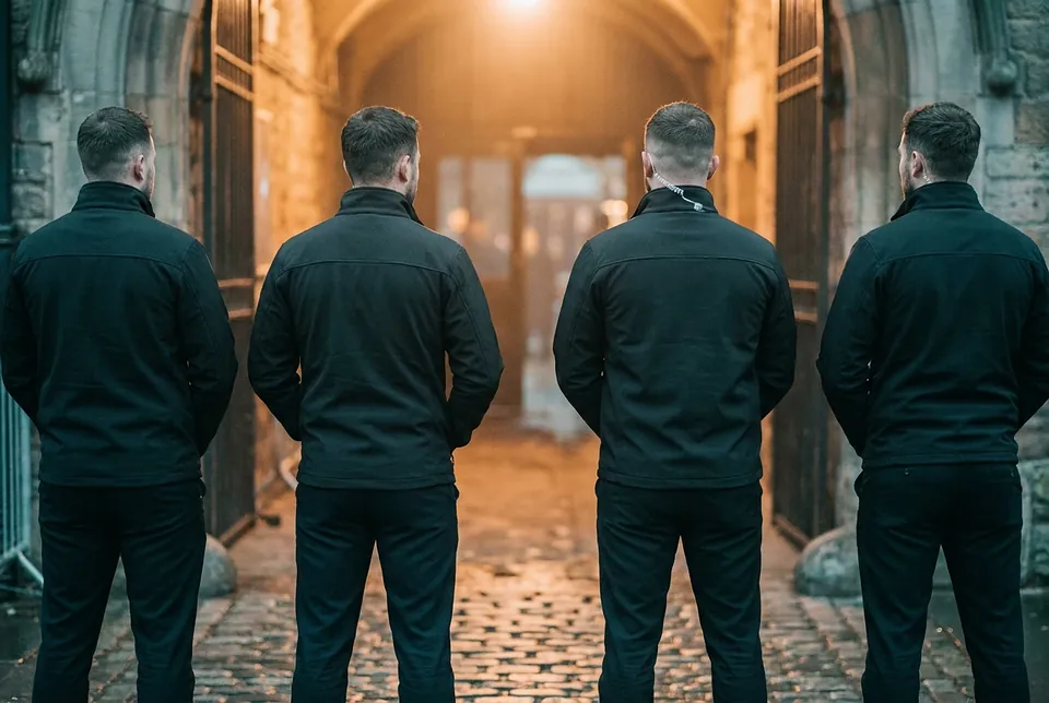 Équipe d'agents de sécurité de LG Sécurité en tenue sombre, portrait de groupe