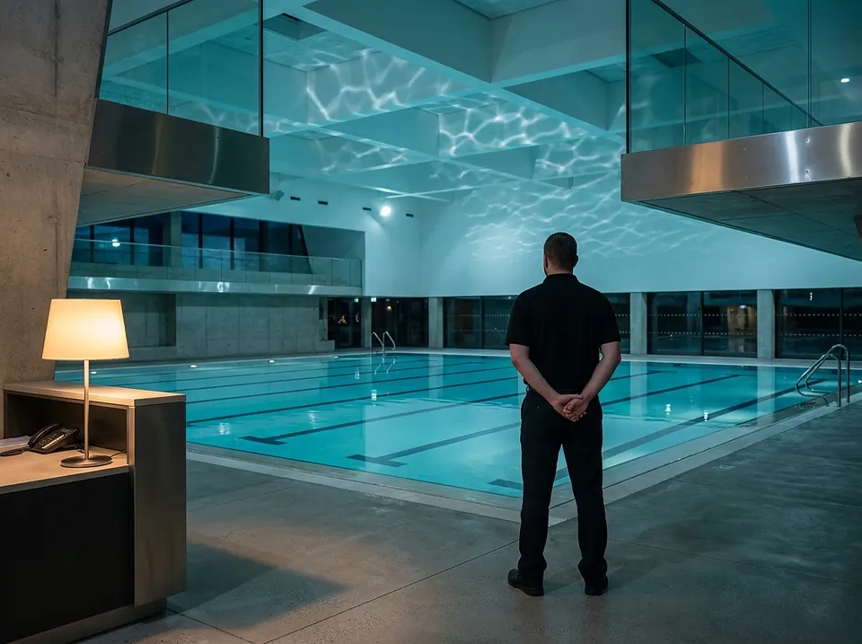 Agent de sécurité en surveillance sur le bassin d'un centre aquatique