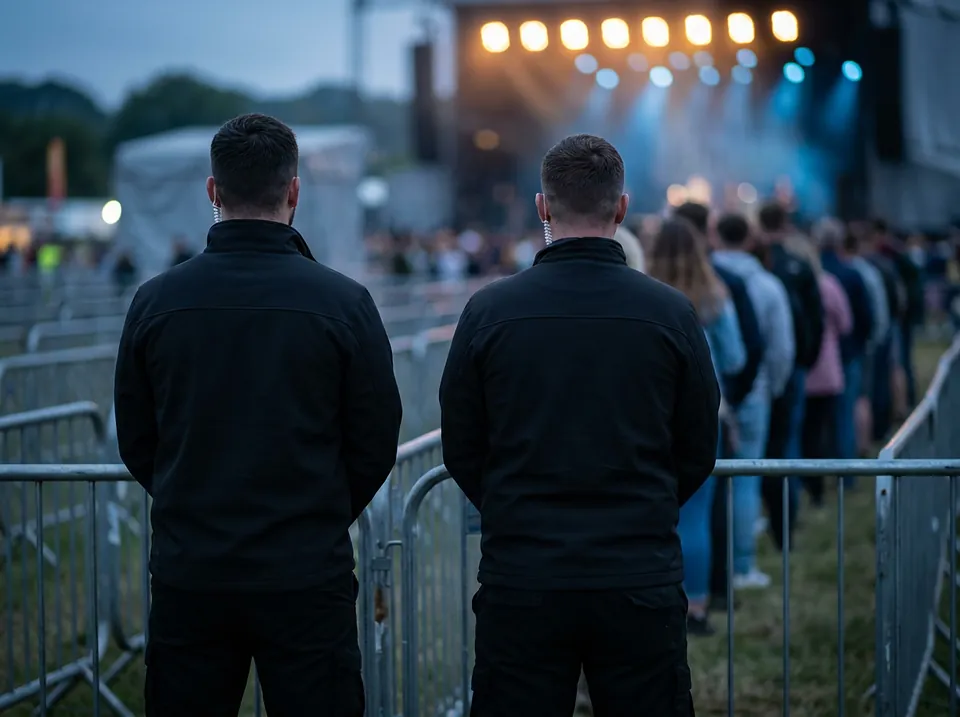 Deux agents de sécurité contrôlant les bracelets à l'entrée d'un festival en plein air