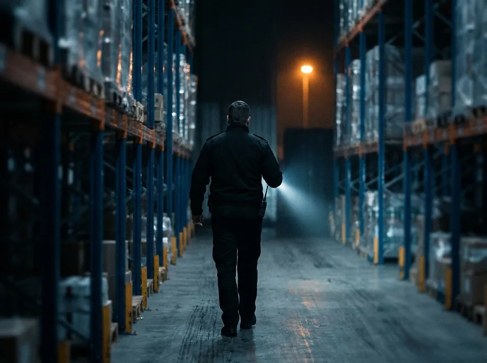 Agent de sécurité effectuant une ronde de nuit dans un entrepôt logistique