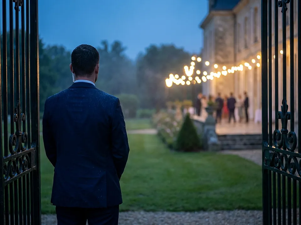 Agent de sécurité en costume à la grille d'un château accueillant une réception de mariage