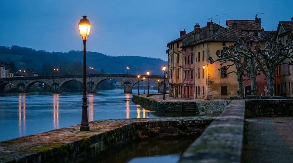 Quais de Saône à Chalon-sur-Saône à l'heure bleue : pont de pierre et maisons à colombages