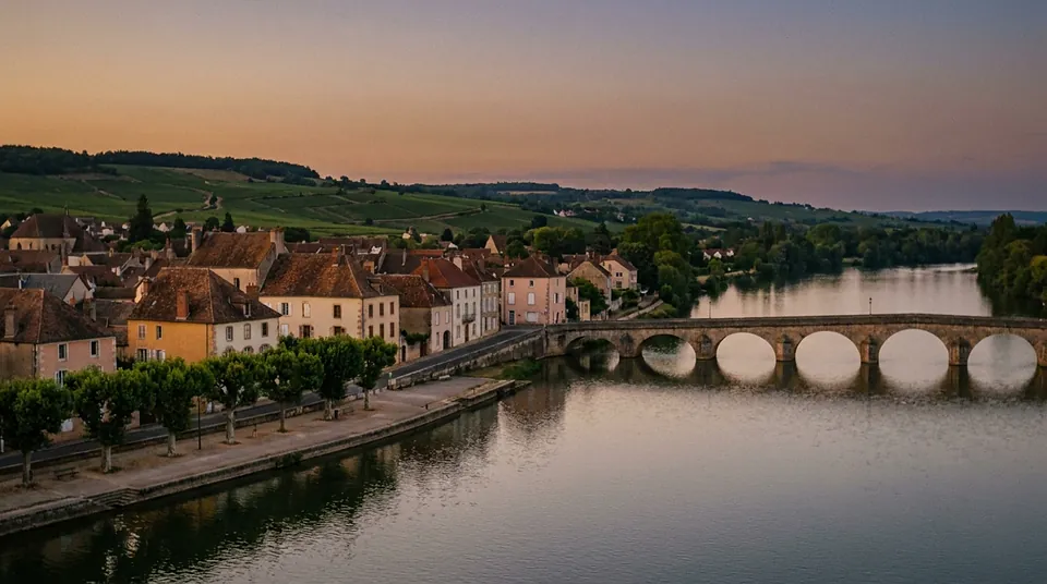 Mâcon au crépuscule : la Saône, son pont de pierre et les coteaux du Mâconnais